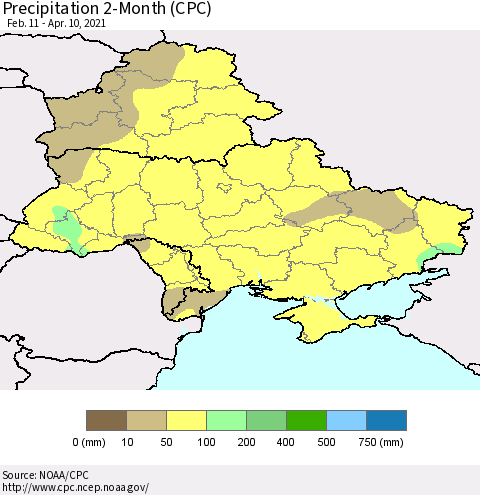 Ukraine, Moldova and Belarus Precipitation 2-Month (CPC) Thematic Map For 2/11/2021 - 4/10/2021