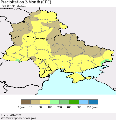 Ukraine, Moldova and Belarus Precipitation 2-Month (CPC) Thematic Map For 2/16/2021 - 4/15/2021