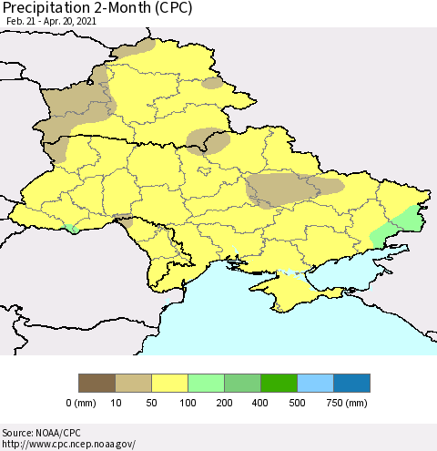 Ukraine, Moldova and Belarus Precipitation 2-Month (CPC) Thematic Map For 2/21/2021 - 4/20/2021