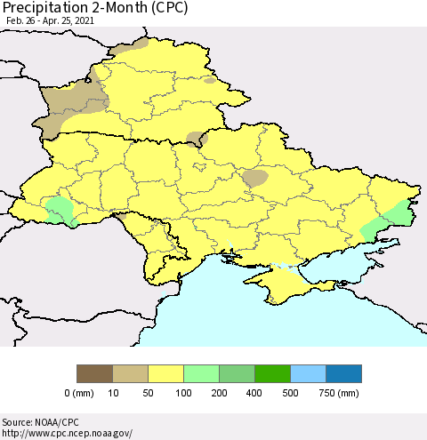 Ukraine, Moldova and Belarus Precipitation 2-Month (CPC) Thematic Map For 2/26/2021 - 4/25/2021