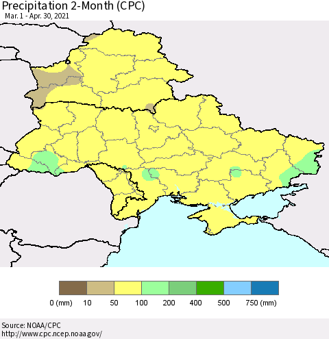 Ukraine, Moldova and Belarus Precipitation 2-Month (CPC) Thematic Map For 3/1/2021 - 4/30/2021