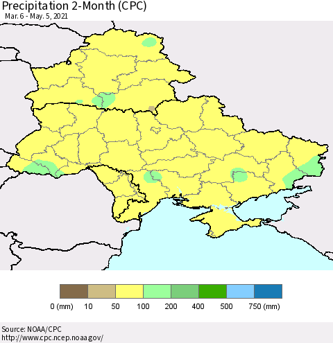 Ukraine, Moldova and Belarus Precipitation 2-Month (CPC) Thematic Map For 3/6/2021 - 5/5/2021