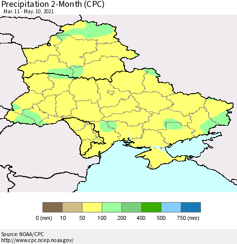 Ukraine, Moldova and Belarus Precipitation 2-Month (CPC) Thematic Map For 3/11/2021 - 5/10/2021