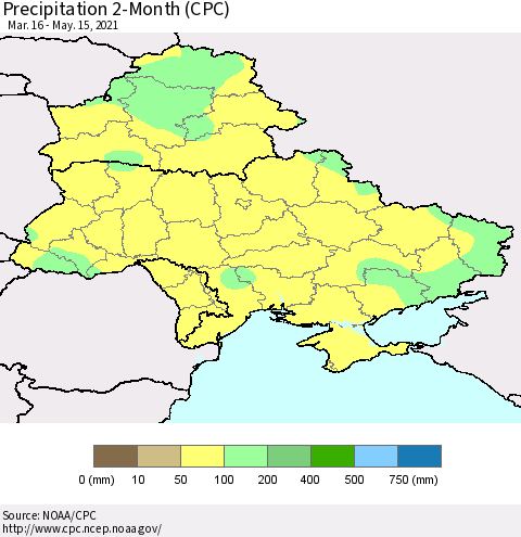 Ukraine, Moldova and Belarus Precipitation 2-Month (CPC) Thematic Map For 3/16/2021 - 5/15/2021