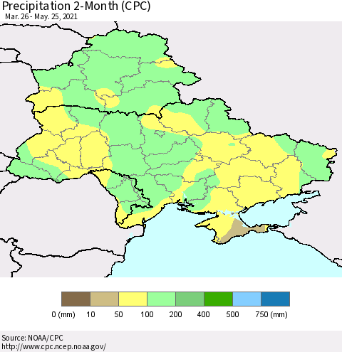 Ukraine, Moldova and Belarus Precipitation 2-Month (CPC) Thematic Map For 3/26/2021 - 5/25/2021