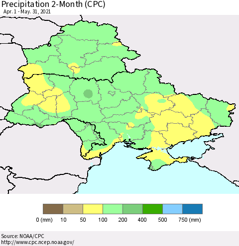 Ukraine, Moldova and Belarus Precipitation 2-Month (CPC) Thematic Map For 4/1/2021 - 5/31/2021