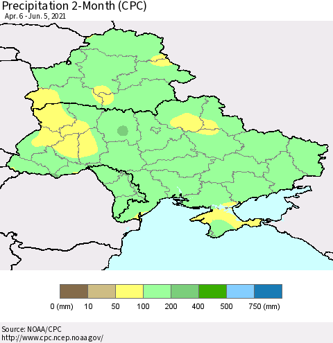 Ukraine, Moldova and Belarus Precipitation 2-Month (CPC) Thematic Map For 4/6/2021 - 6/5/2021