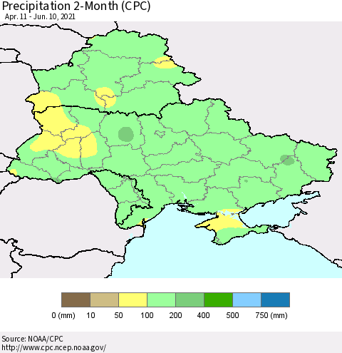 Ukraine, Moldova and Belarus Precipitation 2-Month (CPC) Thematic Map For 4/11/2021 - 6/10/2021