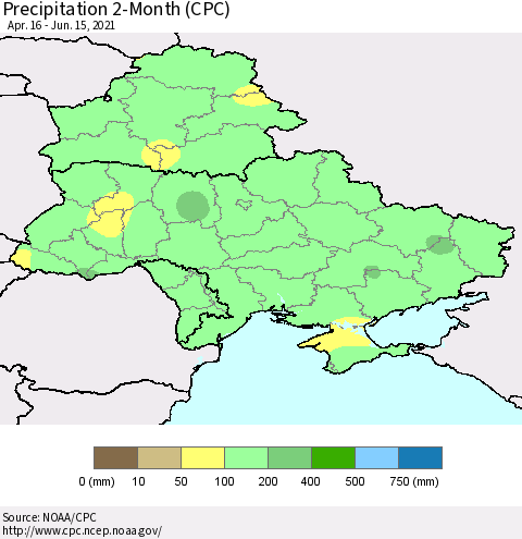 Ukraine, Moldova and Belarus Precipitation 2-Month (CPC) Thematic Map For 4/16/2021 - 6/15/2021