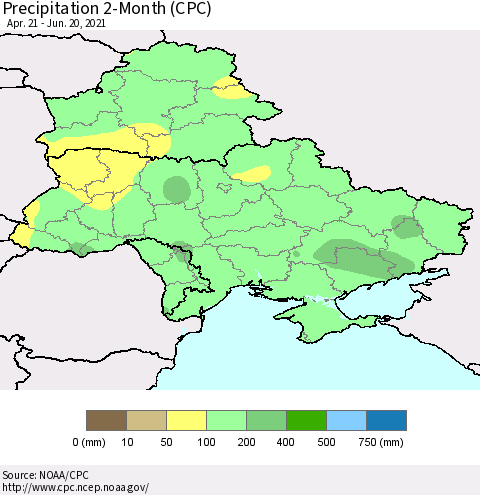 Ukraine, Moldova and Belarus Precipitation 2-Month (CPC) Thematic Map For 4/21/2021 - 6/20/2021