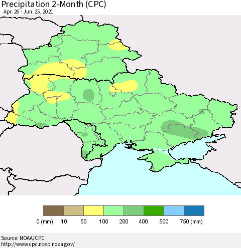 Ukraine, Moldova and Belarus Precipitation 2-Month (CPC) Thematic Map For 4/26/2021 - 6/25/2021
