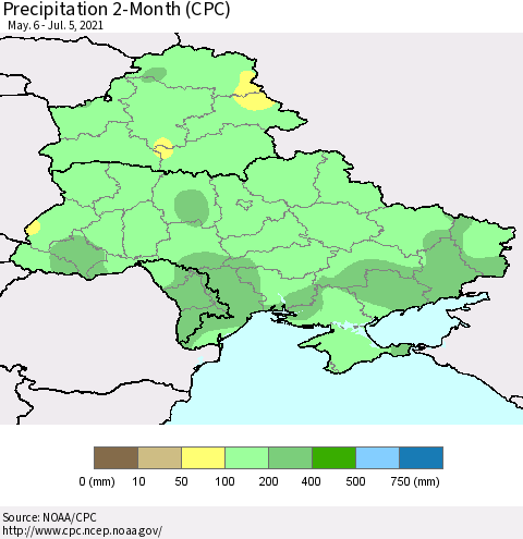 Ukraine, Moldova and Belarus Precipitation 2-Month (CPC) Thematic Map For 5/6/2021 - 7/5/2021