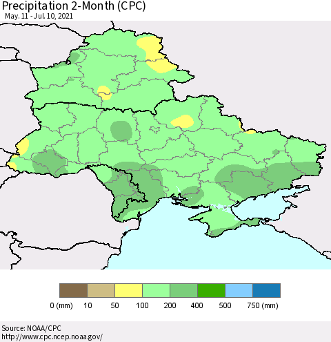 Ukraine, Moldova and Belarus Precipitation 2-Month (CPC) Thematic Map For 5/11/2021 - 7/10/2021
