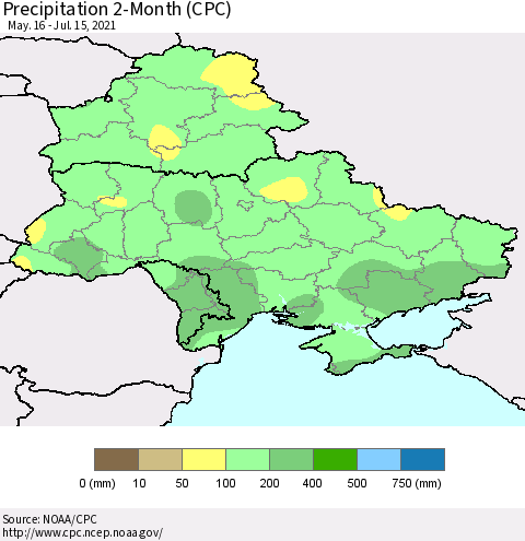 Ukraine, Moldova and Belarus Precipitation 2-Month (CPC) Thematic Map For 5/16/2021 - 7/15/2021