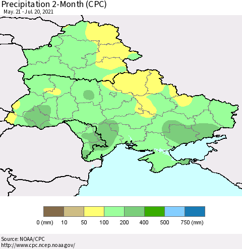 Ukraine, Moldova and Belarus Precipitation 2-Month (CPC) Thematic Map For 5/21/2021 - 7/20/2021