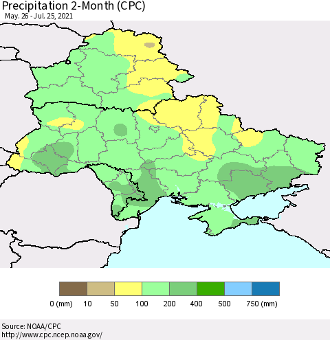 Ukraine, Moldova and Belarus Precipitation 2-Month (CPC) Thematic Map For 5/26/2021 - 7/25/2021