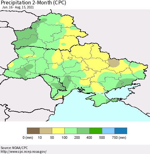 Ukraine, Moldova and Belarus Precipitation 2-Month (CPC) Thematic Map For 6/16/2021 - 8/15/2021