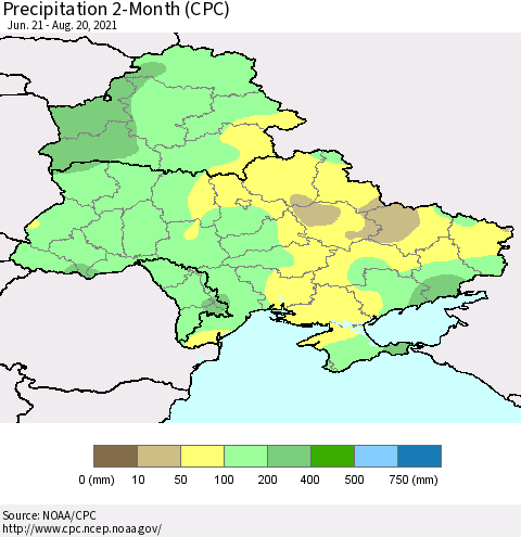Ukraine, Moldova and Belarus Precipitation 2-Month (CPC) Thematic Map For 6/21/2021 - 8/20/2021