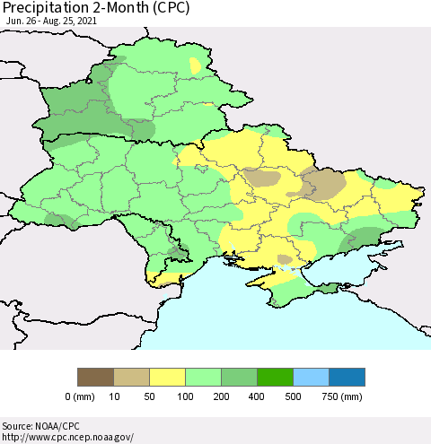 Ukraine, Moldova and Belarus Precipitation 2-Month (CPC) Thematic Map For 6/26/2021 - 8/25/2021
