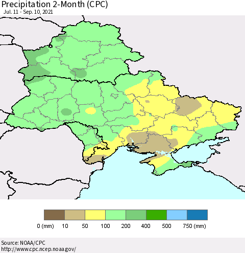 Ukraine, Moldova and Belarus Precipitation 2-Month (CPC) Thematic Map For 7/11/2021 - 9/10/2021