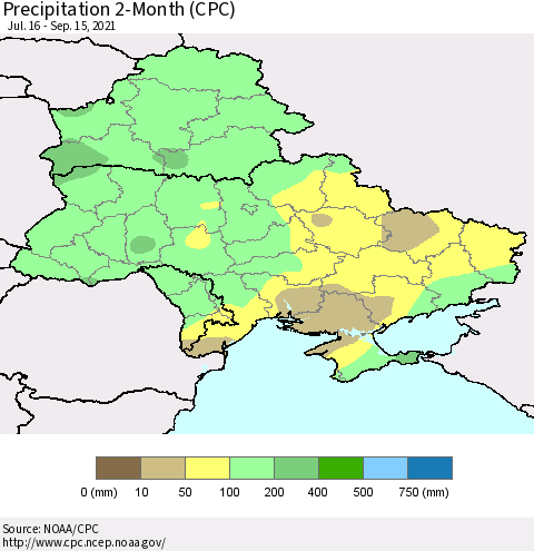 Ukraine, Moldova and Belarus Precipitation 2-Month (CPC) Thematic Map For 7/16/2021 - 9/15/2021