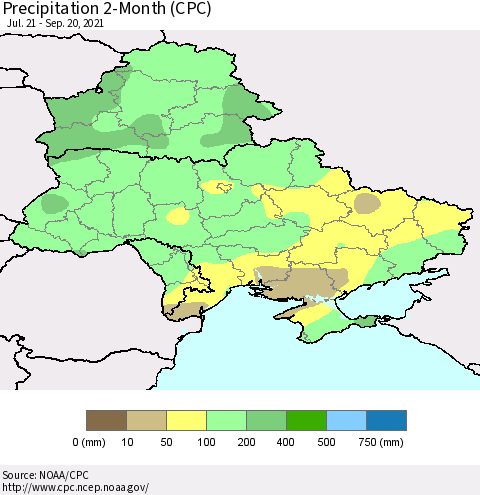 Ukraine, Moldova and Belarus Precipitation 2-Month (CPC) Thematic Map For 7/21/2021 - 9/20/2021