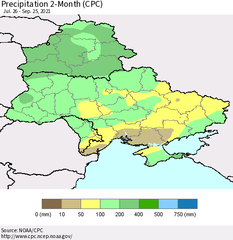 Ukraine, Moldova and Belarus Precipitation 2-Month (CPC) Thematic Map For 7/26/2021 - 9/25/2021
