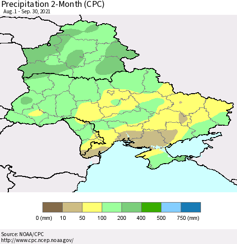 Ukraine, Moldova and Belarus Precipitation 2-Month (CPC) Thematic Map For 8/1/2021 - 9/30/2021