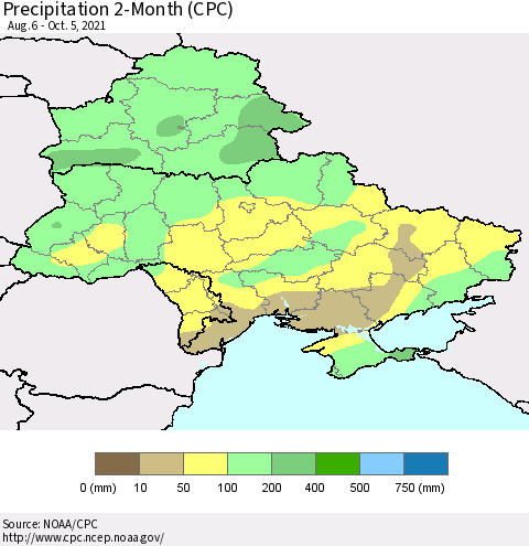 Ukraine, Moldova and Belarus Precipitation 2-Month (CPC) Thematic Map For 8/6/2021 - 10/5/2021