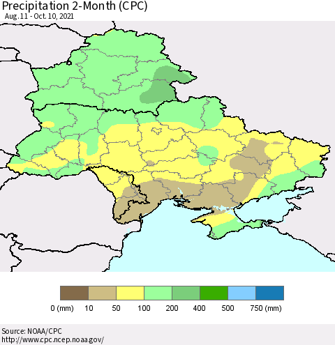 Ukraine, Moldova and Belarus Precipitation 2-Month (CPC) Thematic Map For 8/11/2021 - 10/10/2021