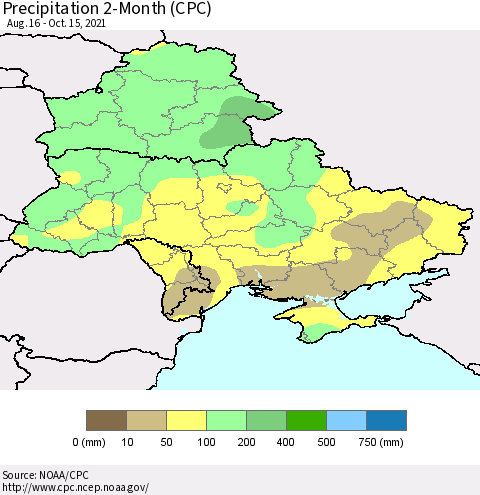 Ukraine, Moldova and Belarus Precipitation 2-Month (CPC) Thematic Map For 8/16/2021 - 10/15/2021