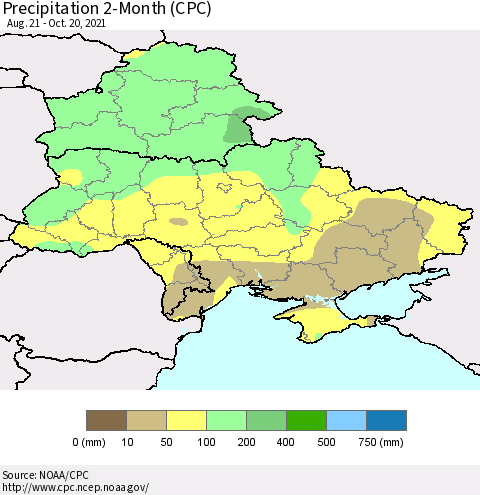Ukraine, Moldova and Belarus Precipitation 2-Month (CPC) Thematic Map For 8/21/2021 - 10/20/2021