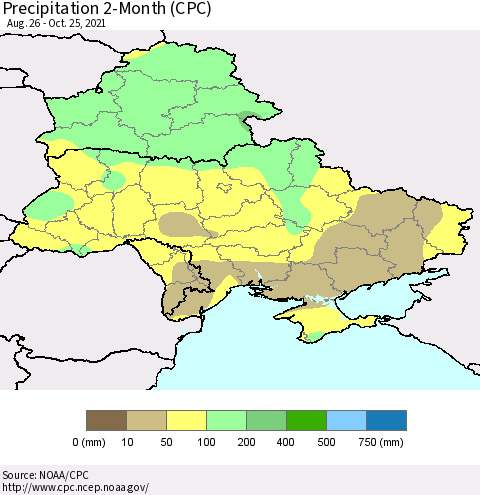 Ukraine, Moldova and Belarus Precipitation 2-Month (CPC) Thematic Map For 8/26/2021 - 10/25/2021