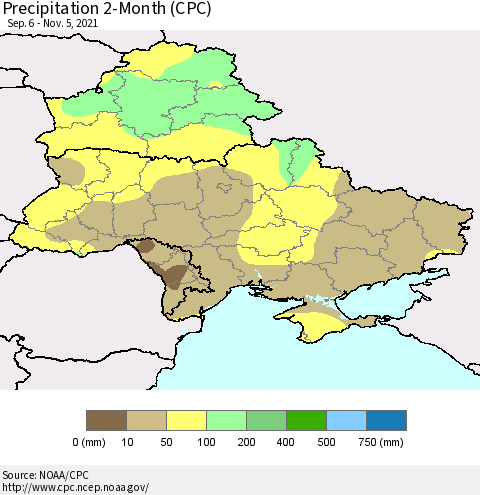 Ukraine, Moldova and Belarus Precipitation 2-Month (CPC) Thematic Map For 9/6/2021 - 11/5/2021