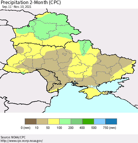Ukraine, Moldova and Belarus Precipitation 2-Month (CPC) Thematic Map For 9/11/2021 - 11/10/2021