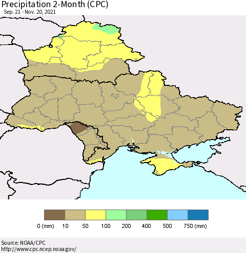 Ukraine, Moldova and Belarus Precipitation 2-Month (CPC) Thematic Map For 9/21/2021 - 11/20/2021