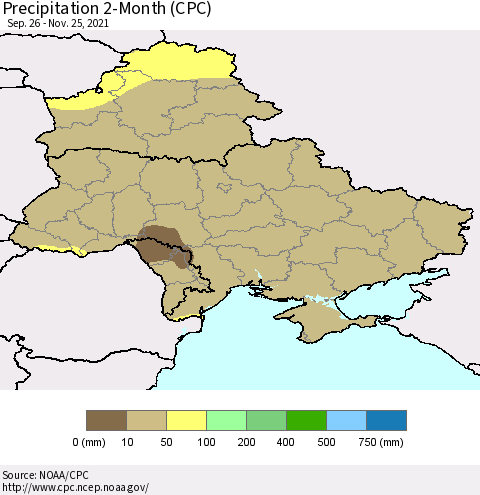 Ukraine, Moldova and Belarus Precipitation 2-Month (CPC) Thematic Map For 9/26/2021 - 11/25/2021