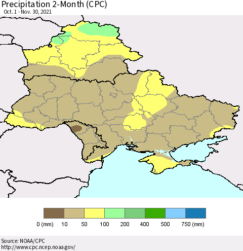 Ukraine, Moldova and Belarus Precipitation 2-Month (CPC) Thematic Map For 10/1/2021 - 11/30/2021