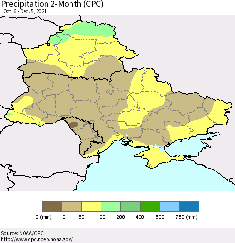 Ukraine, Moldova and Belarus Precipitation 2-Month (CPC) Thematic Map For 10/6/2021 - 12/5/2021