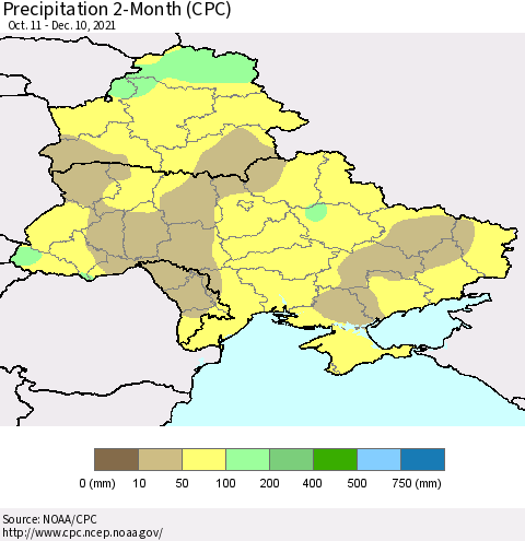 Ukraine, Moldova and Belarus Precipitation 2-Month (CPC) Thematic Map For 10/11/2021 - 12/10/2021
