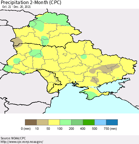 Ukraine, Moldova and Belarus Precipitation 2-Month (CPC) Thematic Map For 10/21/2021 - 12/20/2021
