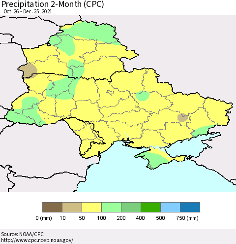 Ukraine, Moldova and Belarus Precipitation 2-Month (CPC) Thematic Map For 10/26/2021 - 12/25/2021