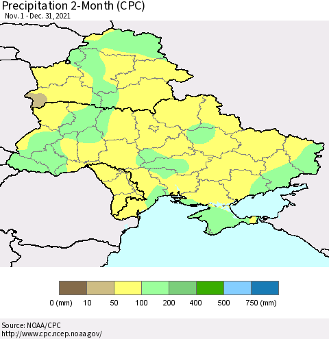 Ukraine, Moldova and Belarus Precipitation 2-Month (CPC) Thematic Map For 11/1/2021 - 12/31/2021