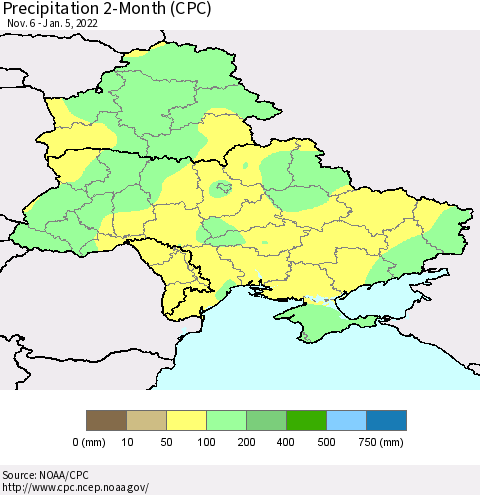 Ukraine, Moldova and Belarus Precipitation 2-Month (CPC) Thematic Map For 11/6/2021 - 1/5/2022