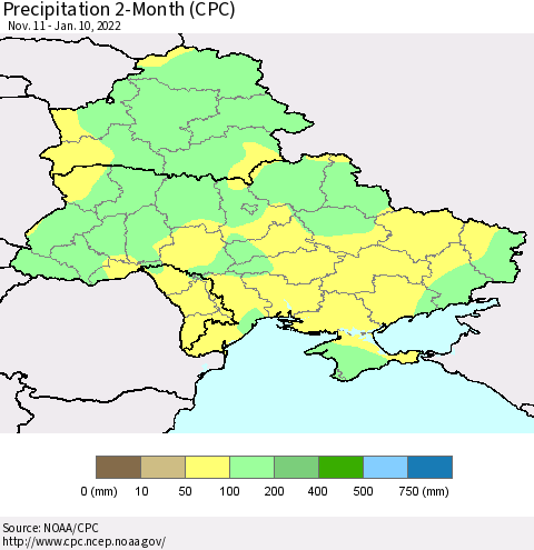 Ukraine, Moldova and Belarus Precipitation 2-Month (CPC) Thematic Map For 11/11/2021 - 1/10/2022