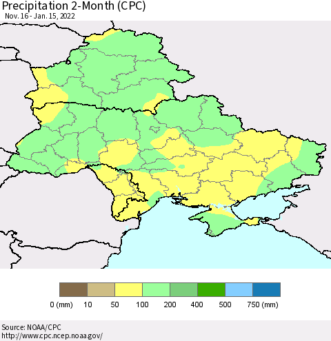 Ukraine, Moldova and Belarus Precipitation 2-Month (CPC) Thematic Map For 11/16/2021 - 1/15/2022