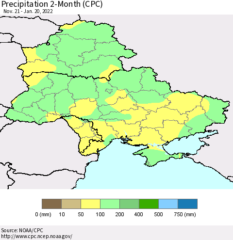 Ukraine, Moldova and Belarus Precipitation 2-Month (CPC) Thematic Map For 11/21/2021 - 1/20/2022