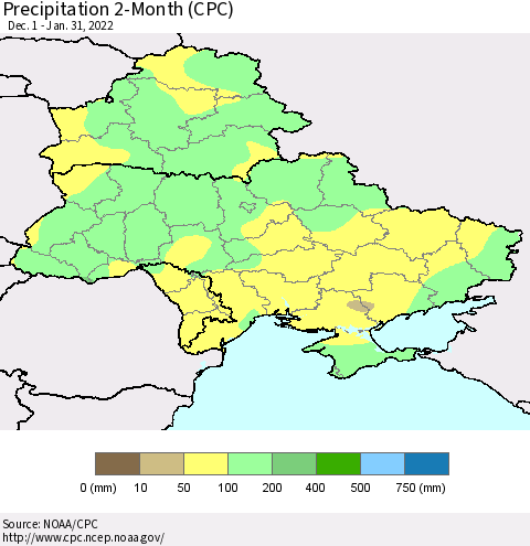 Ukraine, Moldova and Belarus Precipitation 2-Month (CPC) Thematic Map For 12/1/2021 - 1/31/2022