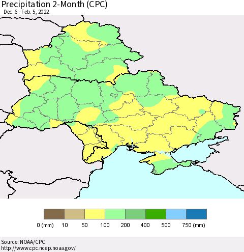Ukraine, Moldova and Belarus Precipitation 2-Month (CPC) Thematic Map For 12/6/2021 - 2/5/2022