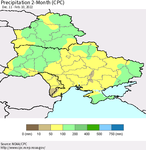 Ukraine, Moldova and Belarus Precipitation 2-Month (CPC) Thematic Map For 12/11/2021 - 2/10/2022